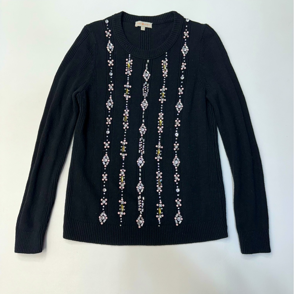 Tory Burch Etta Rhinestone Embellished Ribbed Knit Sweater Womens Size Large